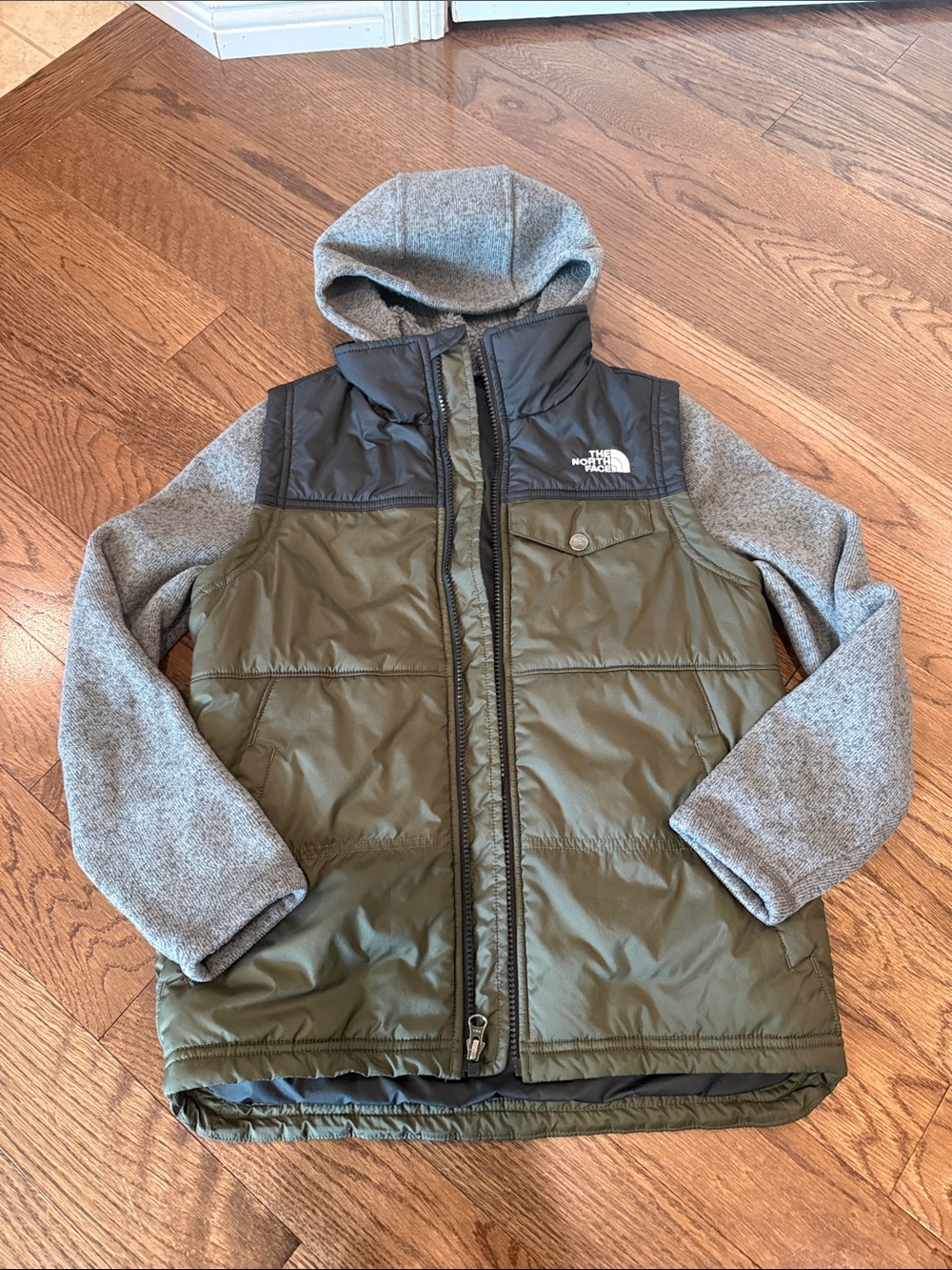 The North Face Kids Olive Green Puffer Jacket with Gray Hood & Sleeves